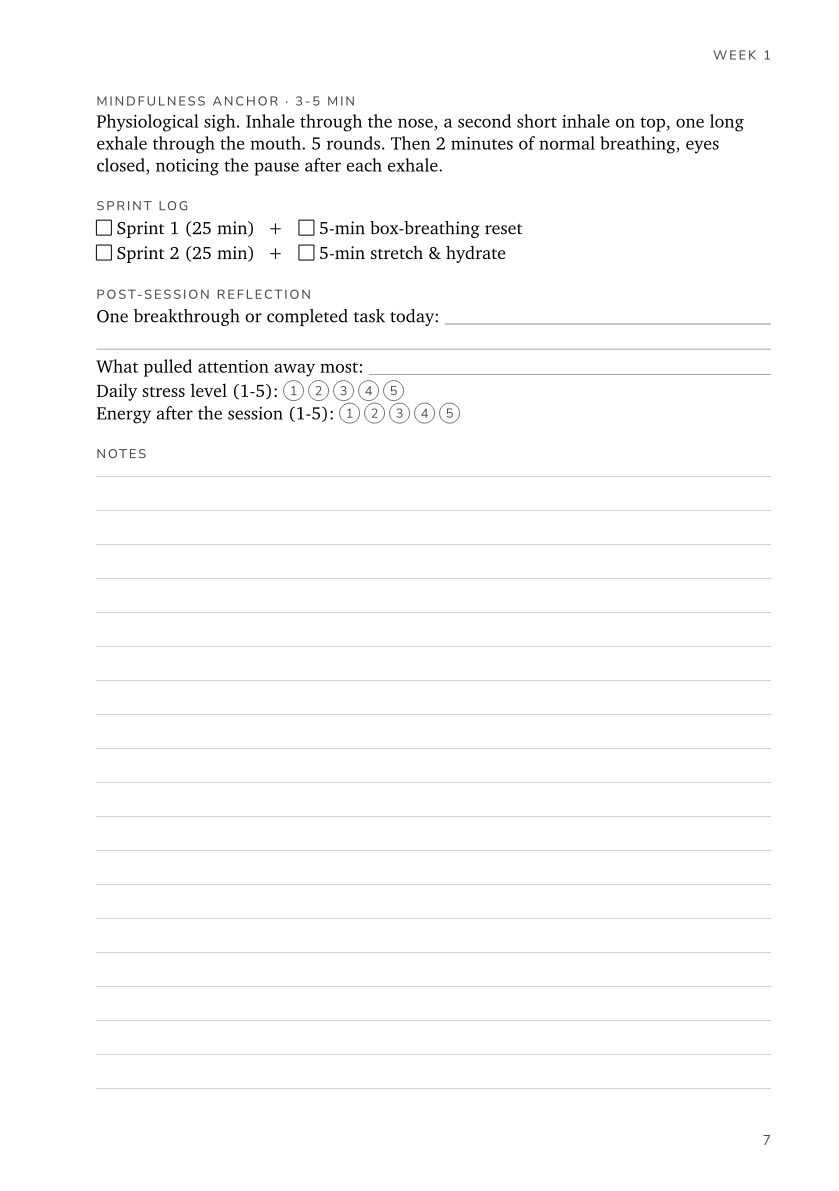 Workbook day 1, right page: mindfulness anchor, sprint log checkboxes, post-session reflection with stress and energy scales, and lines for notes.